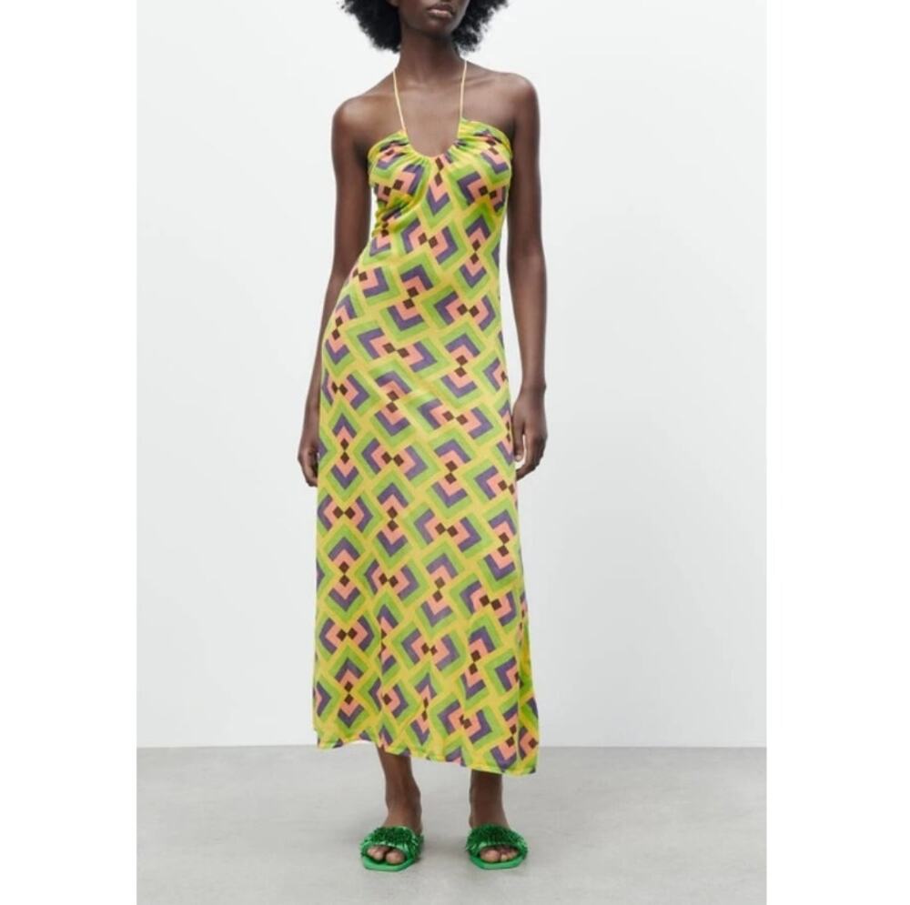 New ZARA Women's Green Print Spaghetti Straps Long Dress Size M